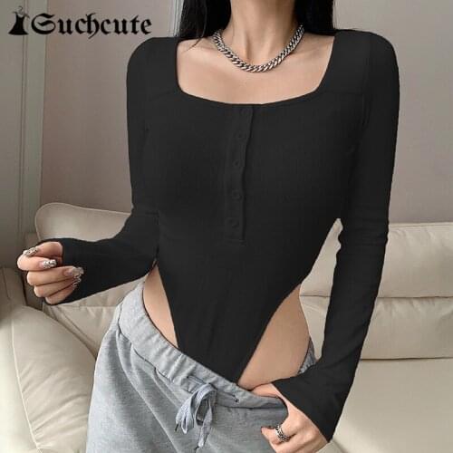 SUCHCUTE ribbed bodysuit women bodycon knitted white body with button mujer solid long sleeve 2020 Romper overalls 90s partywear