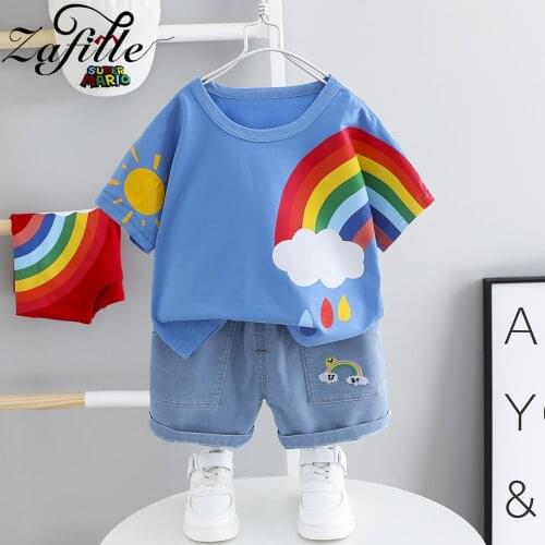 ZAFILLE Baby Toddler Kids Clothes Boys Set Rainbow Cloud Boy Tops T-shirt Denim Shorts 2pcs Children Boy Clothing Set