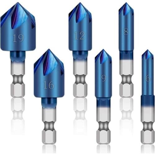 6pcs 6-19mm High Carbon Steel 90 Degree Hexagonal Shank Five-blade Chamfering Tool Set Blue Coated Woodworking Drill Bits