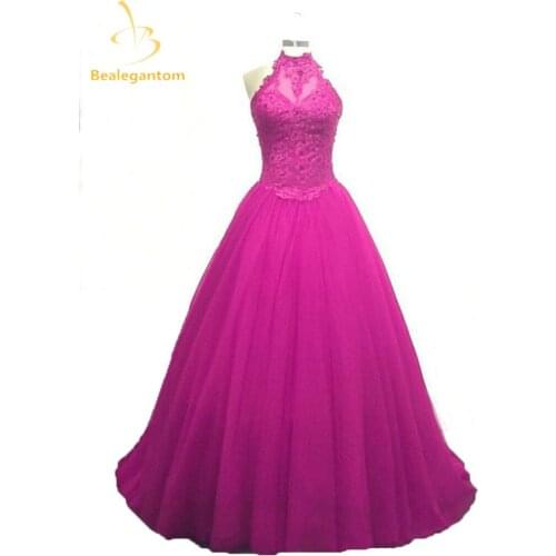 Bealegantom 2021 Halter Lace A-Line Quinceanera Dresses with Appliques Crystal Sweet 16 Dresses Vestidos De 16 Party Gowns Q100
