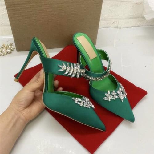 Summer new style fashion women shoes green satin crystal Rhinestone Point toe high heels sandals SLIPPERS loafer large size 44