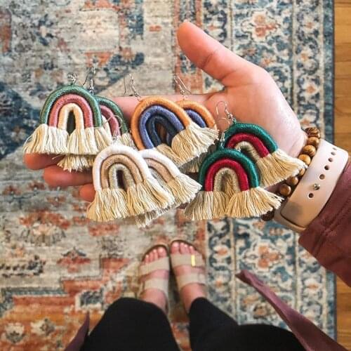 Dvacaman Bohemian Rainbow Handmade Macrame Earrings for Women Cotton Thread Feather Fringe Tassel Dangle Earrings Ethnic Jewelry