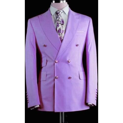 Double Breasted Men Suits Lilac Groom Tuxedos Peak Lapel Groomsmen Wedding Best Man 2 Pieces ( Jacket+Pantst+Tie ) D64
