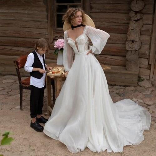 Elegant White Wedding Dresses Backless Chiffon Beading A-Line Bridal Long Sleeve Wedding Evening Prom Gowns Custom Size Robe De