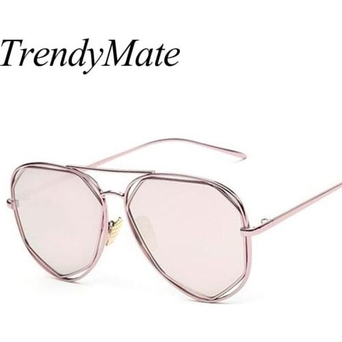 Hot 2018 Metal Frame Women Fashion Sunglasses Geometry Double-Bridge Unique Brand Design Sunglasses Mirror Glasses UV400 055M