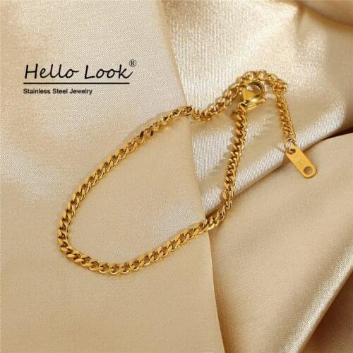 HelloLook 3mm Small Classic 18K Gold Plated Curb Chain Bracelet Chic Stainless Steel Cuban Chain Bracelet Waterproof Non-fading