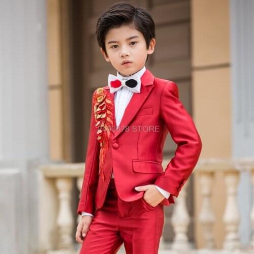 Flower Boys Luxurious Wedding Suit Children Piano Performance Costume Kids Noble Embroidery Jacket Vest Pants 3Pcs Party Dress