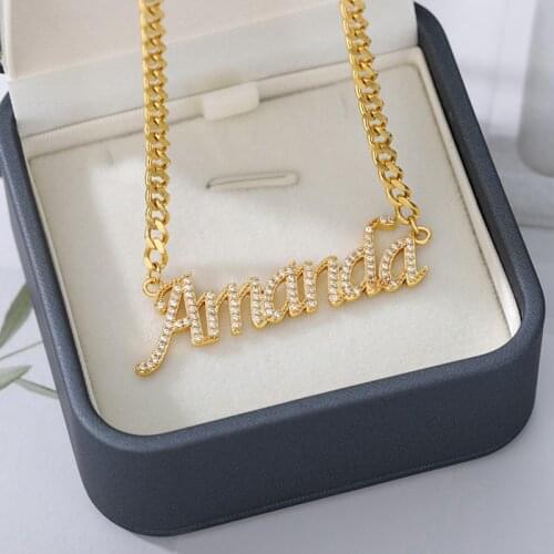 4MM Cuban Chain Crystal Name Necklaces For Women Wedding Jewelry Stainless Steel Nameplate Custom Word Letter Necklaces BFF 2021