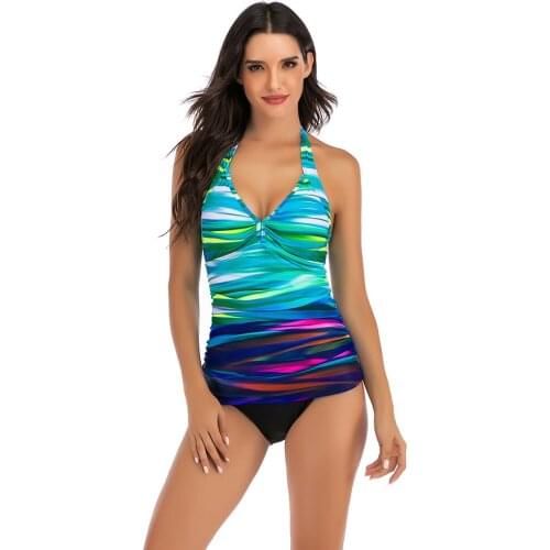 Aoylisey Two Piece Swimsuit Women Sexy V-Neck BandageTankini Push Up Swimwear Print Bathing Suits Bikini Shorts Plus Size