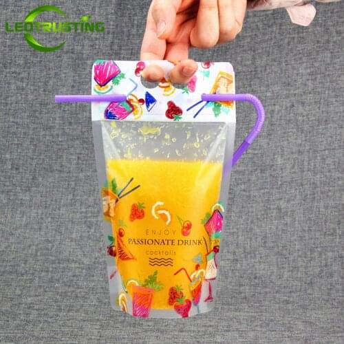 Leotrusting 50pcs 450-500ml Frosted Plastic Drinking Packaging Bag Printed Beverage Juice Bag with FREE 50pcs Straw Together