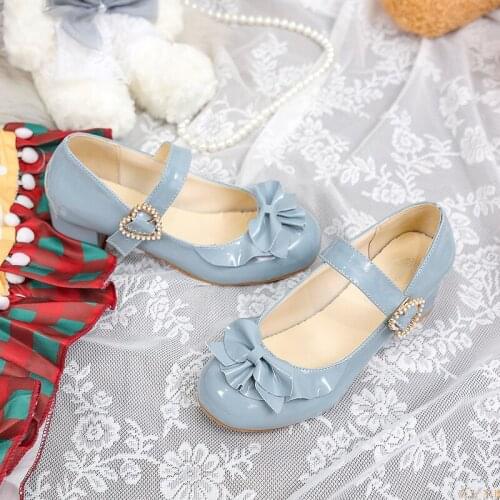 Lolita Small Leather Shoes Spring and Summer New Cute Round Head Shallow Mouth Ladies High Heels zlah Bow Small Leather Shoes