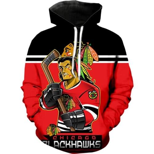 Chicago mens Fashion 3D Hoodie Black red stitching cartoon character print Blackhawks cool outdoor sweatshirts 1