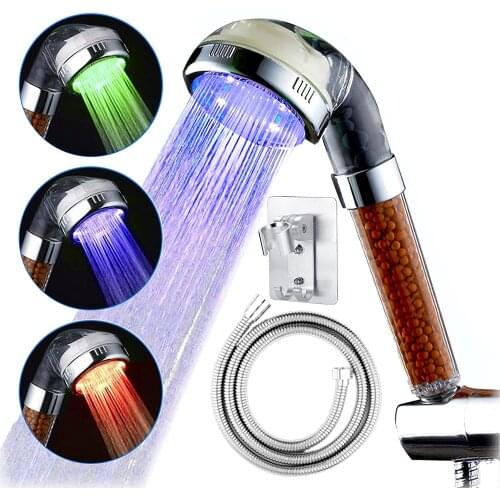 LED Shower Head With Hose And 1.5m No Punching Bracket,3 Color Changes Water Temperature Anion Shower Suitable For Dry Hair Skin