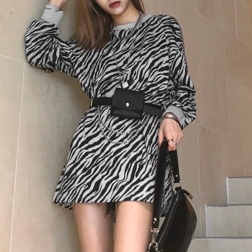 Zebra-print Dress Vintage Sexy Round-neck Zippered Off-the-shoulder Long-sleeved Dresses for Women Vestido Feminino