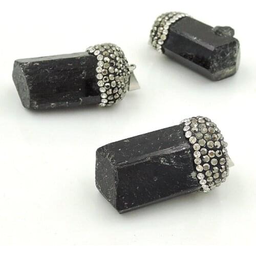 Natural Black Tourmaline Point Pendants Hexagon Column Paved CZ Plating Platina Approx 30 mm Long