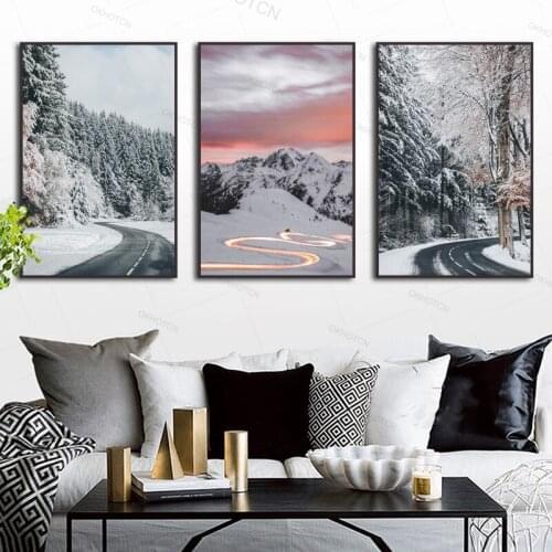 Snow Winter Forest Mountain Highway Scenery Canvas Painting Wall Art Home Decor Poster for Living Room Bedroom