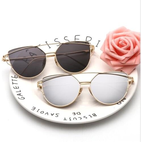 New Fashion Cat Eye Sunglasses Women Luxury Brand Design Mirror Lens Vintage Sun Glasses Rose Gold Metal UV400