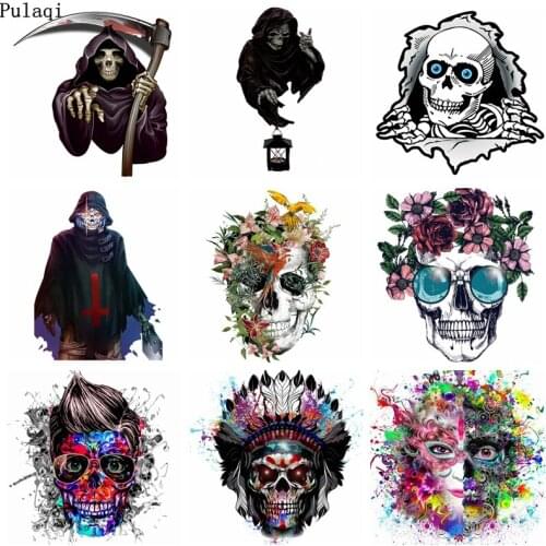 Pulaqi Iron On Transfer Vinyl Punk Terror Skull Heat Transfer Patches For Clothes Stripe PVC Patch Stickers For Clothes Applique