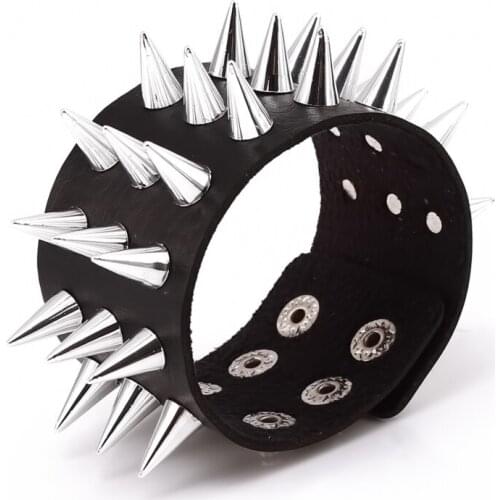 Three Row Cuspidal Spikes Rivet Stud Wide Cuff Leather Punk Gothic Rock Unisex Bangle Bracelet Men Jewelry