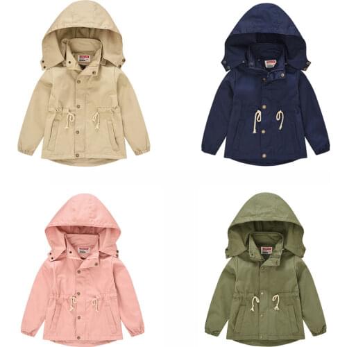 Childrens Windbreaker New Boys Spring Autumn Middle and Small Kids Detachable Hat Solid Color Fashion British Girls Clothing