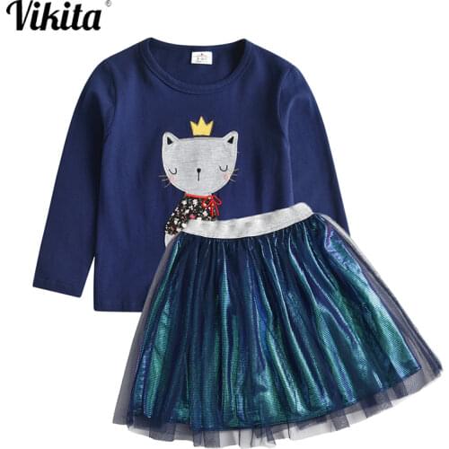 VIKITA Girls Clothing Sets Autumn Spring Girl Cat Appliqued Tops + Shiny Sequins Skirts 2pcs Sets Children Princess Clothing