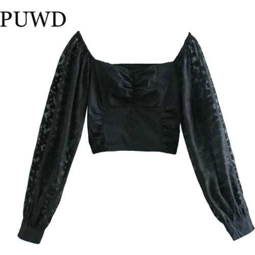PUWD Vintage Women Black Slim Shirts 2021 Summer Fashion Ladies Patchwork High Street Short Shirt Casual Girls Chic Tops