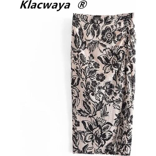 Klacwaya Za 2021 Woman Printed Long Skirts Vintage Draped High Waist Midi Summer Skirt With Side Slit Ruched Female Skirts