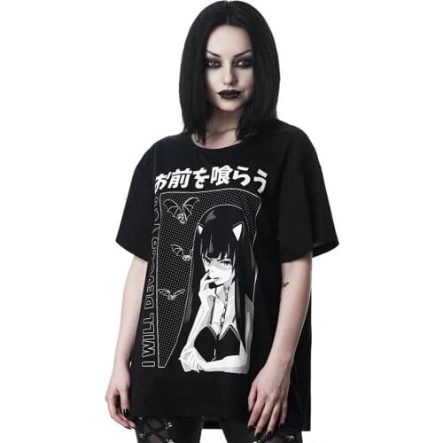 Plussize t shirt printed for women instagram hot style long loose round goth style dark series collar cat girl