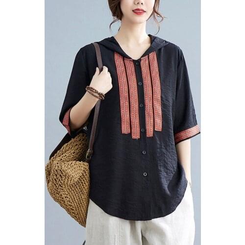 Women Summer Cotton Linen Casual Hooded Shirts New Arrival 2021 Vintage Style Loose Comfortable Female Half Sleeve Tops S4032