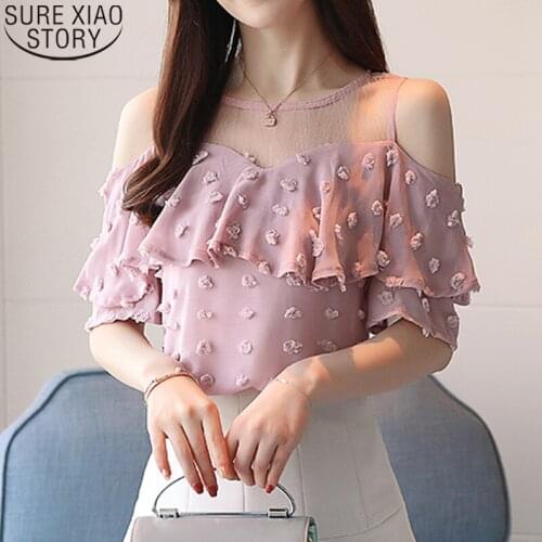 Sweet Chiffon Blouse Women 2021 Summer New Short Sleeve Pink Shirt Fashion Ruffled Off Shoulder Tops Mesh Collar Clothes 0642