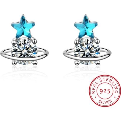 Earrings jewelry Ocean Blue Crystal Little Star Tassel Earrings For Women 925 Sterling Silver jewelry Best Gift