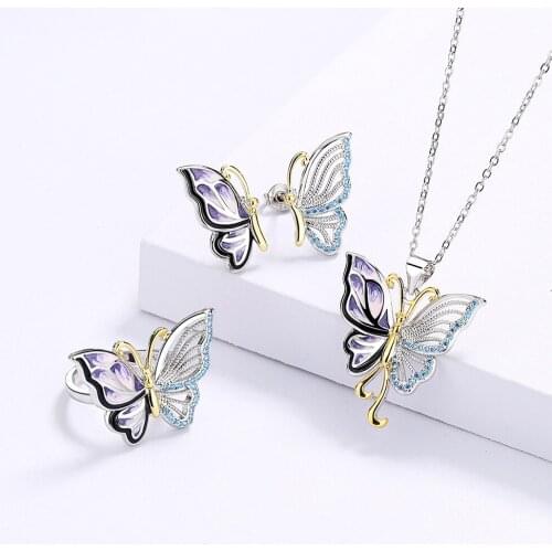 Real gold jewelry Butterfly Pendant Necklace for Women 18k white gold necklace Statement Necklace ring earring Jewelry 3pc Gifts