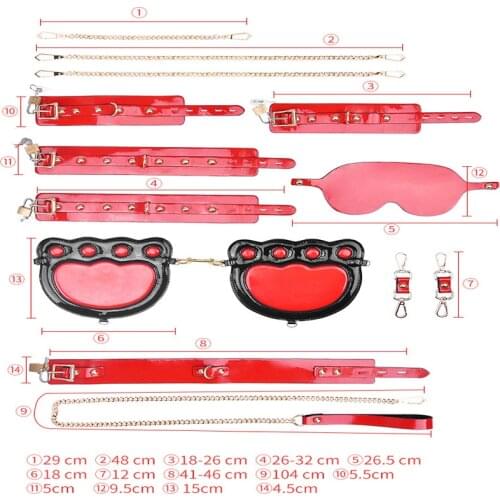 2020 11 Pcs Red Leather Erotic BDSM Sex Kits Handuffs Necklace Sex Whip SM Eye Mask Bondage Set Sex Toys For Couples Adult Games