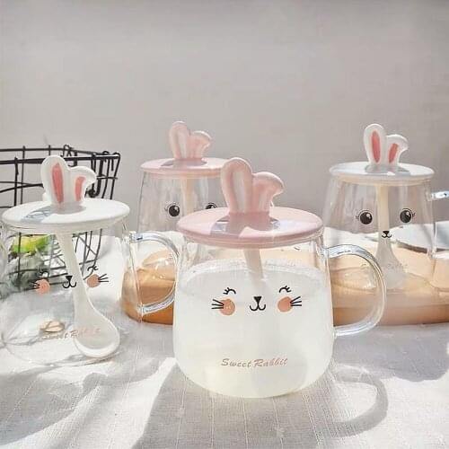 400ml Cartoon Rabbit Ears Glass Mug With Lid and Spoon Coffee Milk Tea Mugs Breakfast Cup Drinkware Cup Couples Gifts