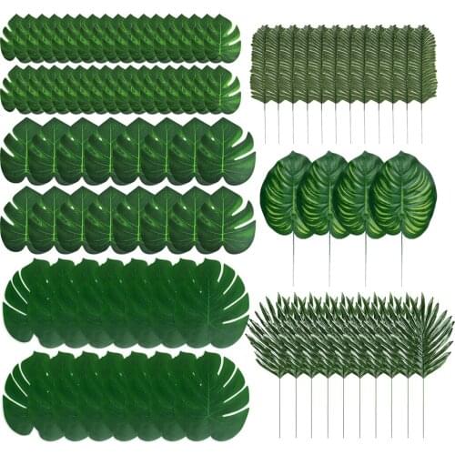 90pcs Plastic Palm Artificial Leaves Assorted Realistic Tropical Palm Leaves Fake Leaves Photo Prop