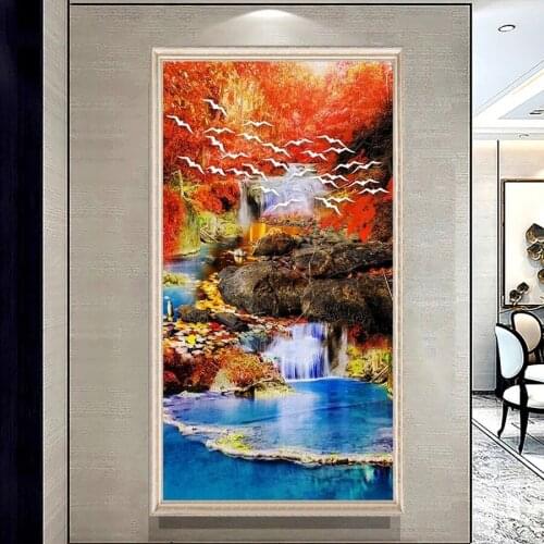 Diamond embroidery waterfall red tree landscape full square round drill diamond painting 5d diy diamond mosaic home decor