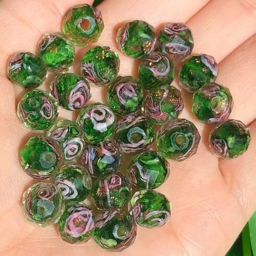 10mm Murano Faceted Green Flower Lampwork Beads for Bracelet Making Women Diy Accessories Round Glass Large Beads Wholesale