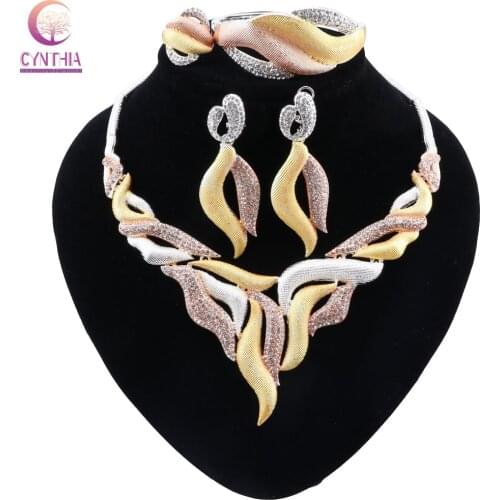 CYNTHIA Dubai Gold Jewelry Set for Women Crystal Leaf Shape Jewelry Classic Style Necklace Earrings Ring Bracelet Bridal Jewelry