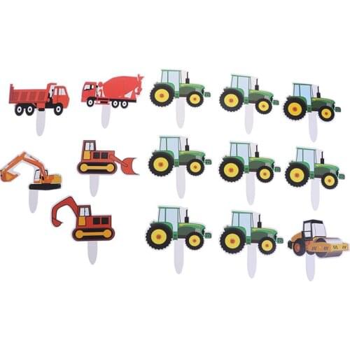 Excavator Cake Toppers DIY Road Sign Happy Birthday Wedding Bride Party Baking Decor Cupcake Topper Bulldozer Cake Flags Kids