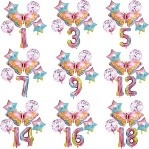Gradient Color Number Colorfully Butterfly Helium Foil Balloons Set Fly Birthday Party Decorations