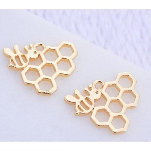 Julie Wang 4PCS Honeycomb Charms Hollow Hive Small Bee Insect Gold Color Pendant Bracelet Jewelry Making Accessory