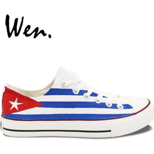 Wen Design Custom Hand Painted Shoes Cuba Flag Low Top Men Womens White Canvas Sneakers Platform Plimsolls Flat Lace up