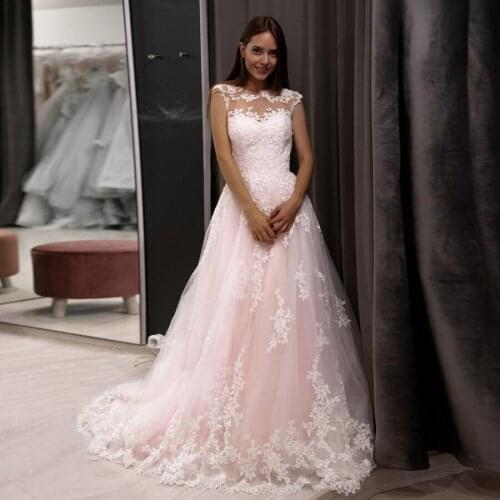 A-Line Sleeveless Lace Applique Pink Wedding Dress Elegant Bridal Gowns with Color Vestido De Noiva Renda
