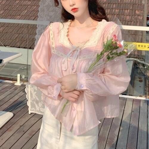 Summer Kawaii Koreaen Fashion Blouse Women Pink Lace Casual Sweet Cute Female Blouse Ruffle Designer Vintage Clthing Autumn 2021