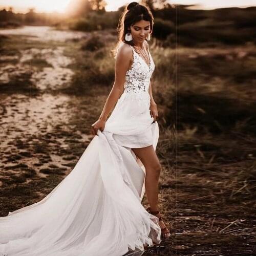 Fashion V Neck Sleeves A Line Appliques Tulle Hippie Beach Boho Wedding Dress 2021 Plus Size vestido de fiesta