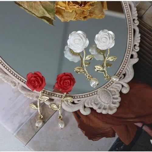 Fashion Vintage Earrings Red White Rose Earrings Women Statement 2020 Korean Crystal Earrings Engagement Wedding Jewelry Gifts