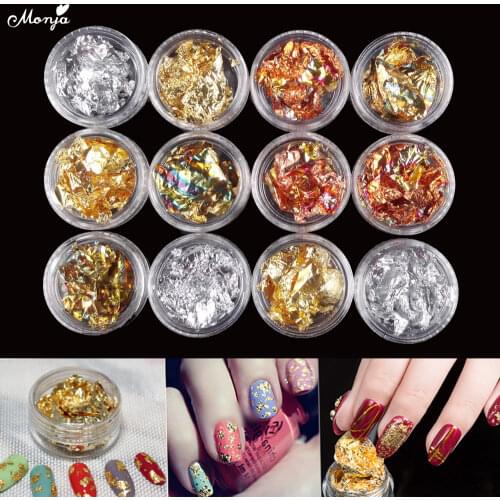 Monja 6/12 Boxes Colorful Laser Full Cover Glitter Nail Foil UV Gel Adhesive Glue Transfer Sequin Nail Decal Manicure Decoration