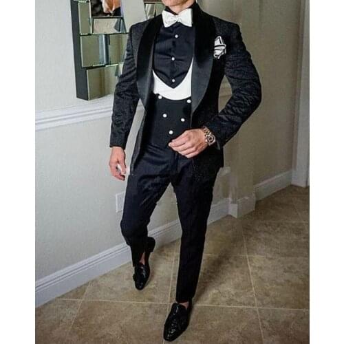New Arrival Black Jacquard Party Groomsmen Shawl Lapel Groom Tuxedos Men Suits Wedding/Prom Best Man Blazer Jacket Pants Vest