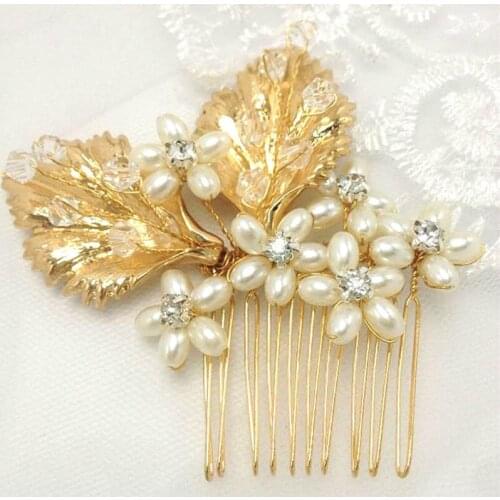 New gold crystal handmade bride hair comb bride pearl headdress wedding dress accessories wedding accessories