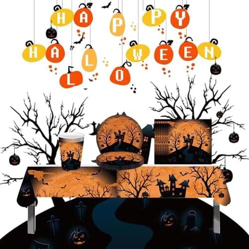 1pc Halloween Party Pumpkin Theme Tablecloth Knife Spoon Paper Tray Cup Cakecup Straw Disposable Tableware Party Essentials